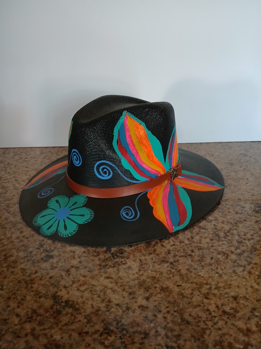 Hand-Painted Black Wide-Brim Fedora with Multicolor Floral Accents